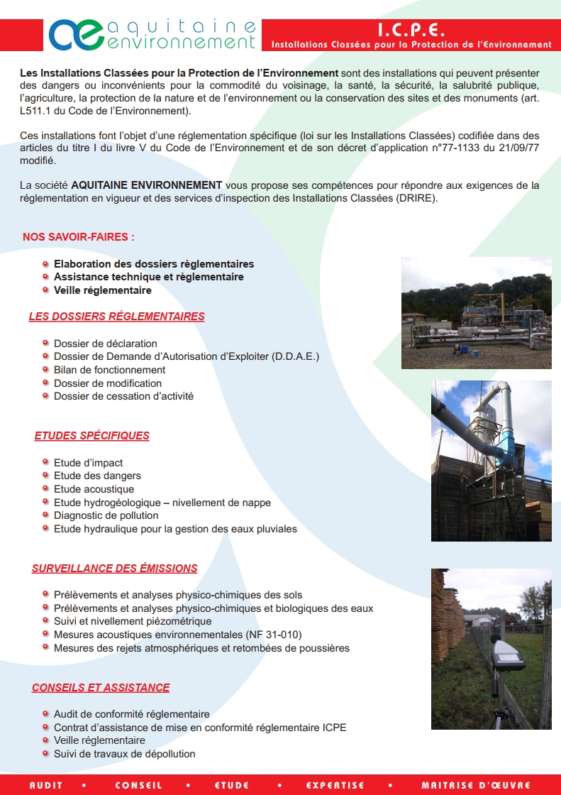 AQUITAINE AE ENVIRONNEMENT ACTIVITE ICPE INSTALLATIONS CLASSEES PROTECTION DOSSIERS RISQUE